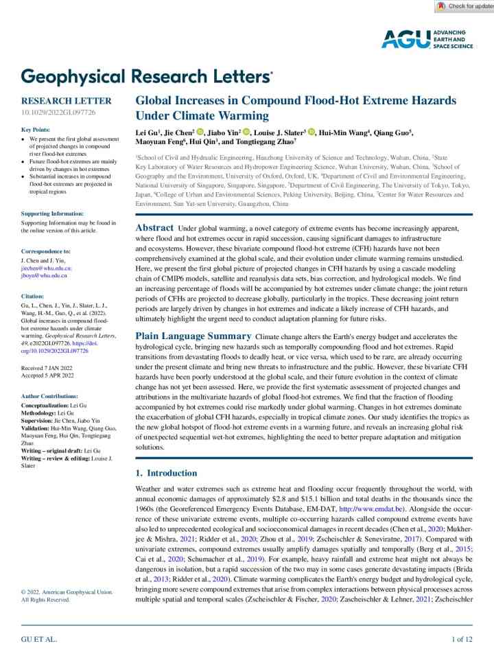 Global increases in compound flood-hot extreme hazards under climate warming thumbnail