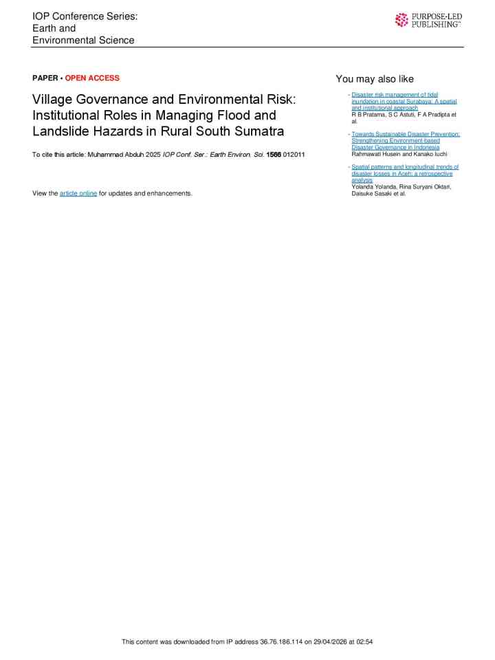 Village governance and environmental risk: institutional roles in managing flood and landslide hazards in rural South Sumatra thumbnail