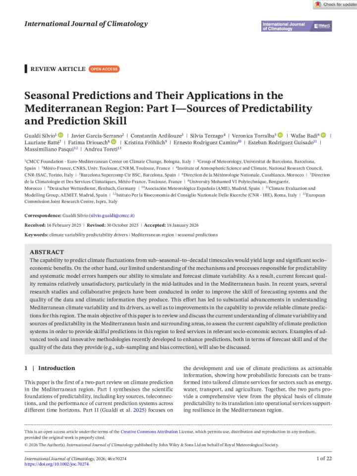 Seasonal predictions and their applications in the Mediterranean Region: Part I—sources of predictability and prediction skill thumbnail