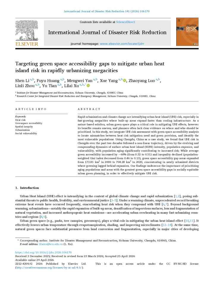 Targeting green space accessibility gaps to mitigate urban heat island risk in rapidly urbanizing megacities thumbnail