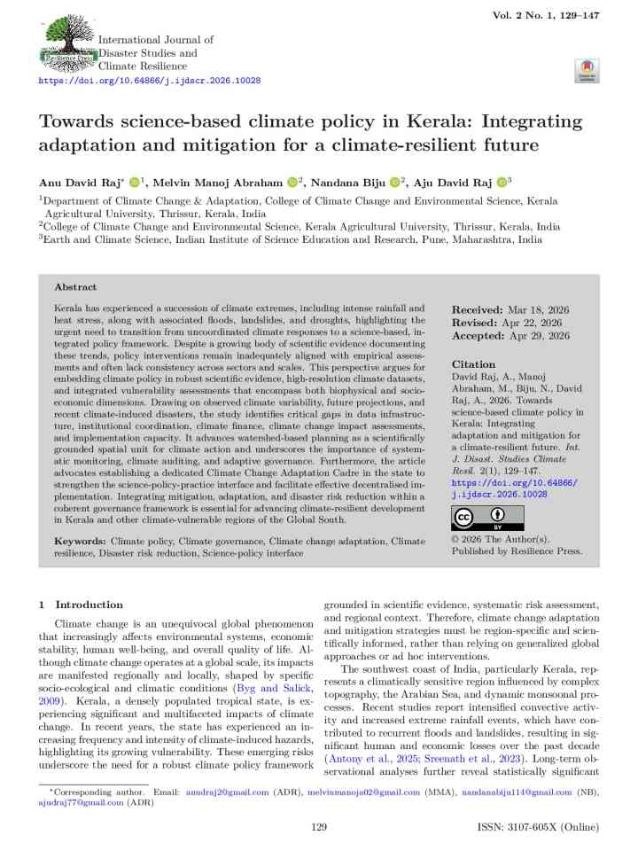 Towards science-based climate policy in Kerala: Integrating adaptation and mitigation for a climate-resilient future  thumbnail