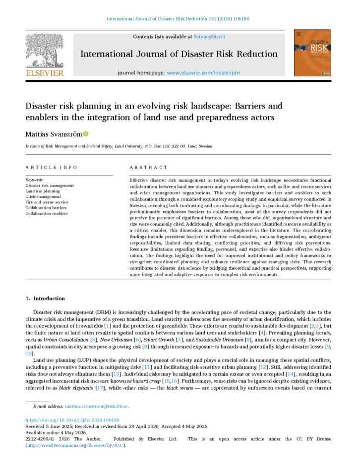Disaster risk planning in an evolving risk landscape: Barriers and enablers in the integration of land use and preparedness actors thumbnail