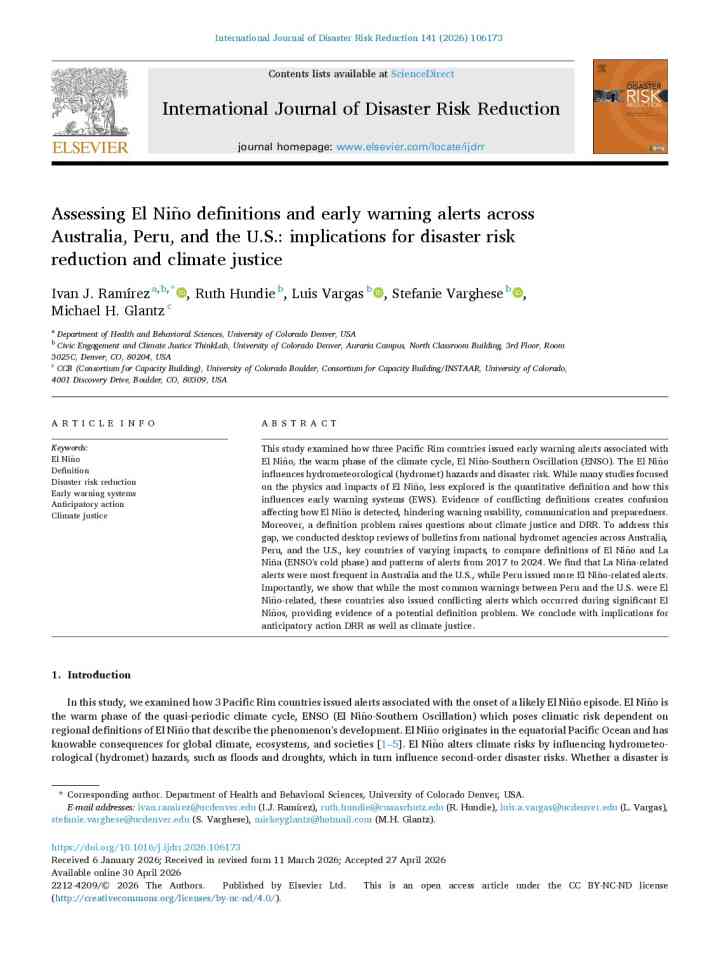 Assessing El Niño definitions and early warning alerts across Australia, Peru, and the U.S.: implications for disaster risk reduction and climate justice thumbnail