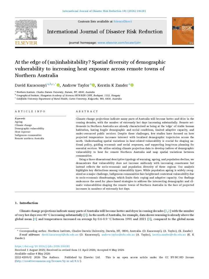 At the edge of (un)inhabitability? Spatial diversity of demographic vulnerability to increasing heat exposure across remote towns of Northern Australia thumbnail