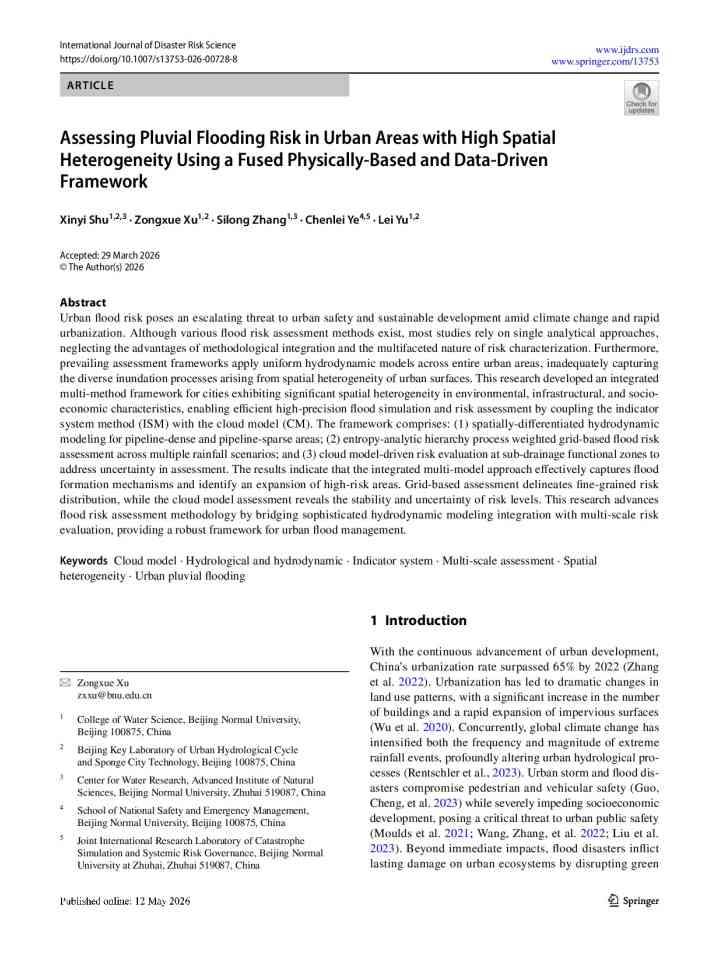 Assessing pluvial flooding risk in urban areas with high spatial heterogeneity using a fused physically-based and data-driven framework thumbnail