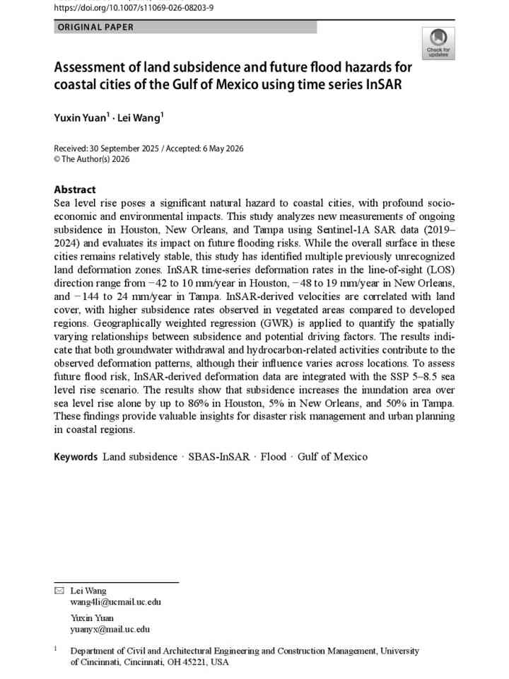 Assessment of land subsidence and future flood hazards for coastal cities of the Gulf of Mexico using time series InSAR thumbnail