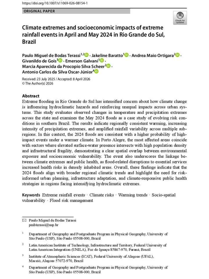Climate extremes and socioeconomic impacts of extreme rainfall events in April and May 2024 in Rio Grande do Sul, Brazil thumbnail