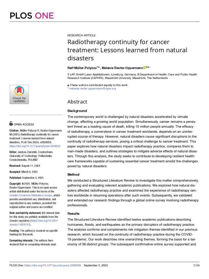 Radiotherapy continuity for cancer treatment: lessons learned from natural disasters thumbnail