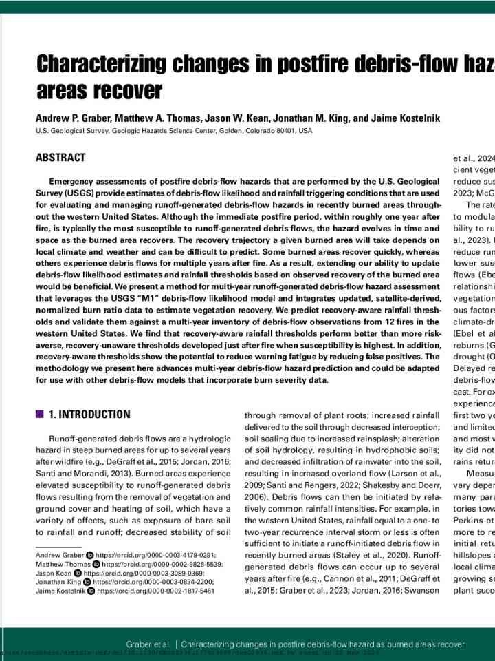 Characterizing changes in postfire debris-flow hazard as burned areas recover thumbnail
