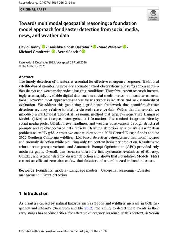 Towards multimodal geospatial reasoning: a foundation model approach for disaster detection from social media, news, and weather data thumbnail