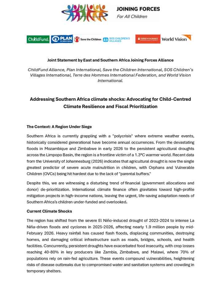 Addressing Southern Africa climate shocks: advocating for child-centred climate resilience and fiscal prioritization thumbnail