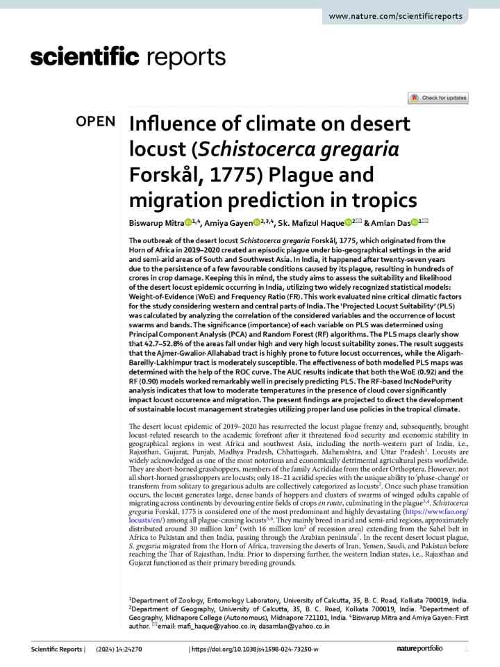 Influence of climate on desert locust (Schistocerca gregaria Forskål, 1775) Plague and migration prediction in tropics