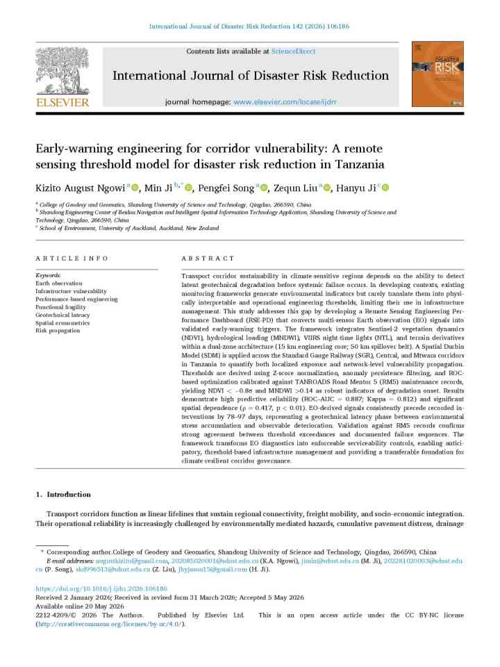 Early-warning engineering for corridor vulnerability: A remote sensing threshold model for disaster risk reduction in Tanzania thumbnail