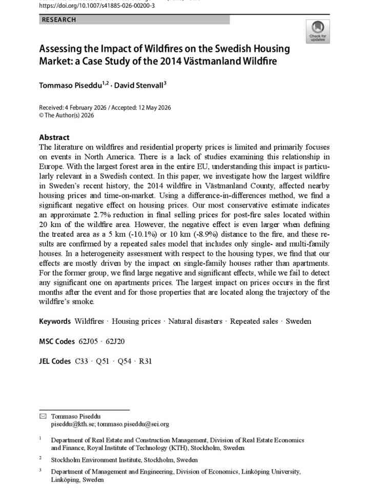 Assessing the impact of wildfires on the Swedish housing market: a case study of the 2014 Västmanland wildfire thumbnail