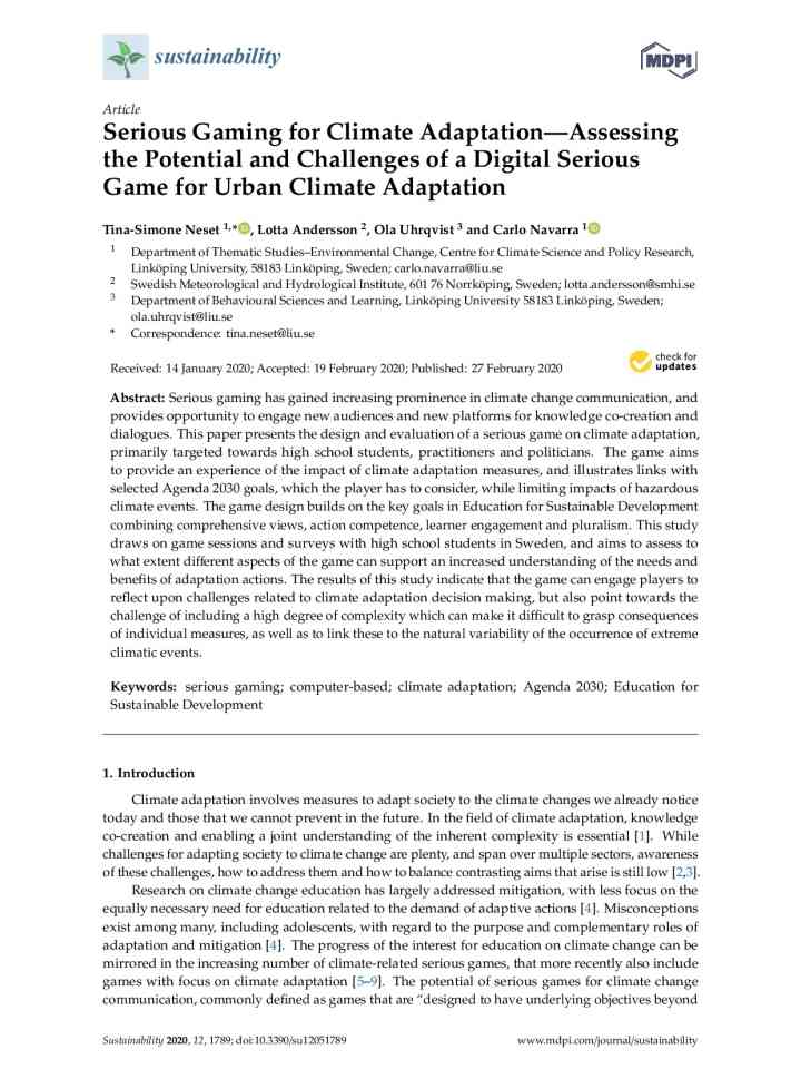  Serious gaming for climate adaptation—Assessing the potential and challenges of a digital serious game for urban climate adaptation  thumbnail