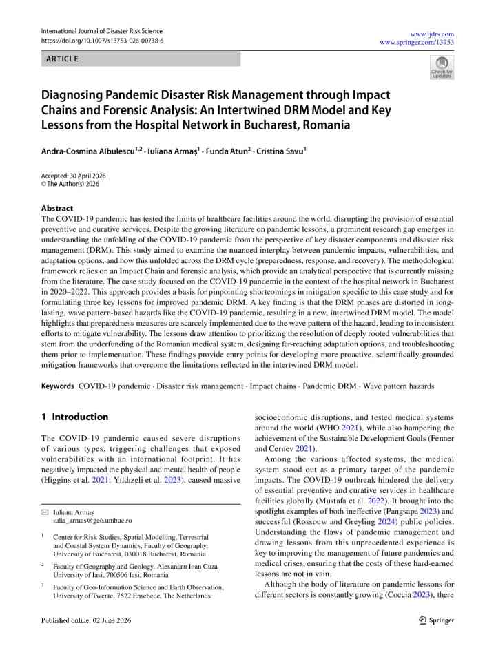 Diagnosing pandemic disaster risk management through impact chains and forensic analysis: an intertwined DRM model and key lessons from the hospital network in Bucharest, Romania thumbnail