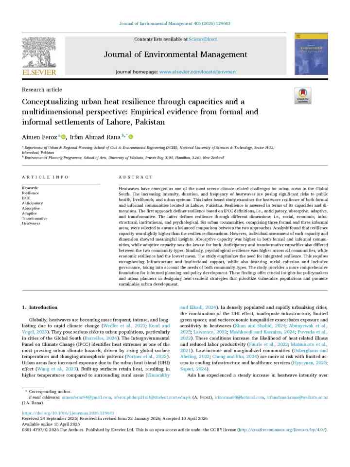 Conceptualizing urban heat resilience through capacities and a multidimensional perspective: Empirical evidence from formal and informal settlements of Lahore, Pakistan thumbnail