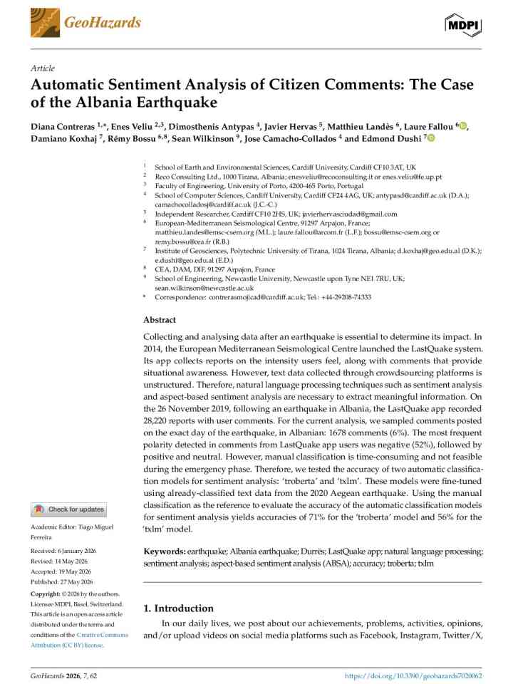 Automatic sentiment analysis of citizen comments: the case of the Albania earthquake