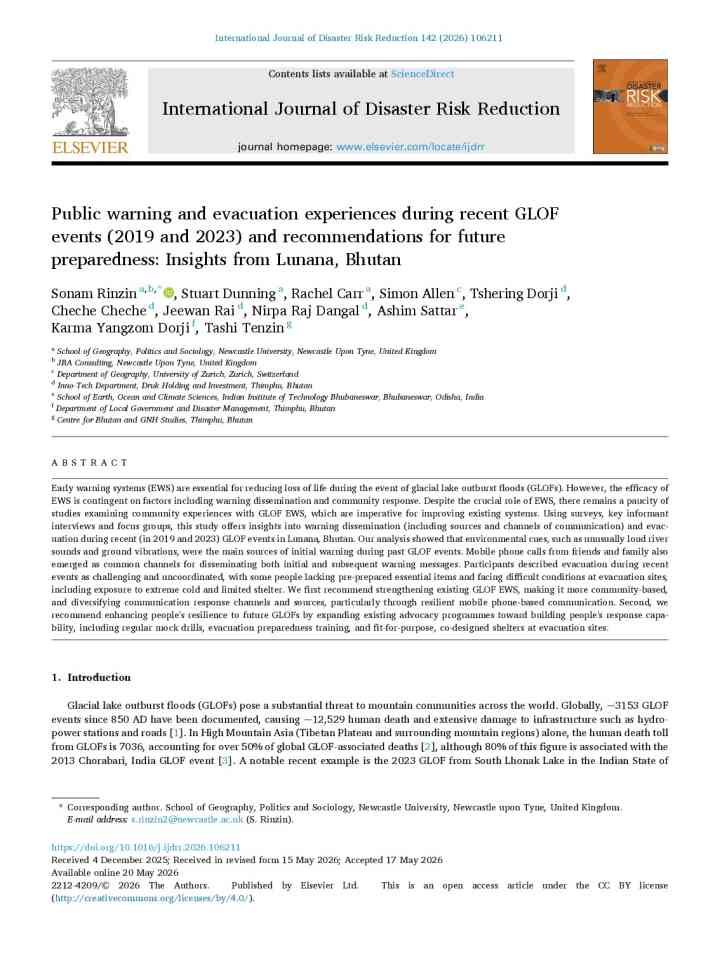Public warning and evacuation experiences during recent GLOF events (2019 and 2023) and recommendations for future preparedness: Insights from Lunana, Bhutan thumbnail
