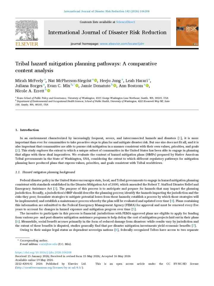 Tribal hazard mitigation planning pathways: A comparative content analysis thumbnail