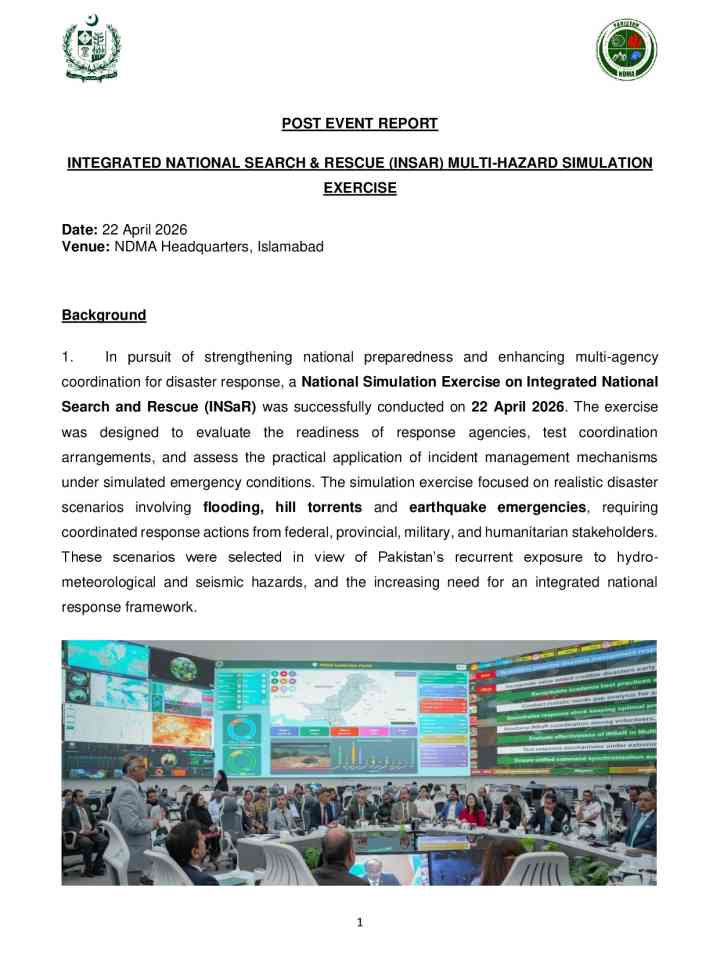 Report: Integrated national search & rescue (INSaR) multi-hazard simulation exercise