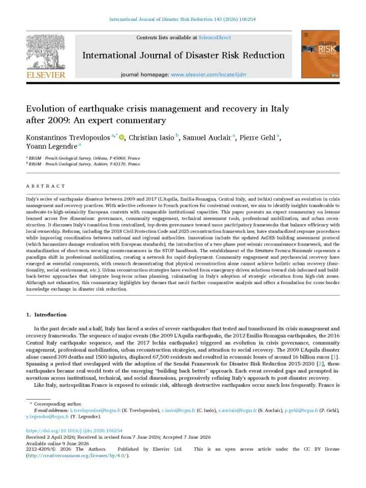 Evolution of earthquake crisis management and recovery in Italy after 2009: An expert commentary thumbnail