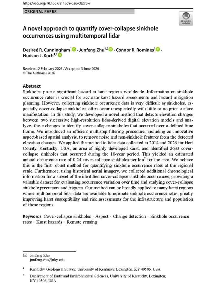 A novel approach to quantify cover-collapse sinkhole occurrences using multitemporal lidar thumbnail