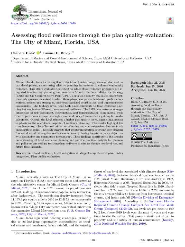 Assessing flood resilience through the plan quality evaluation: the city of Miami, Florida, USA