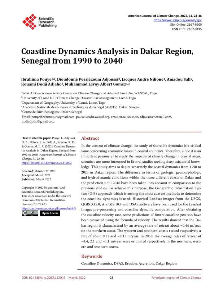 Coastline dynamics analysis in Dakar region, Senegal from 1990 to 2040