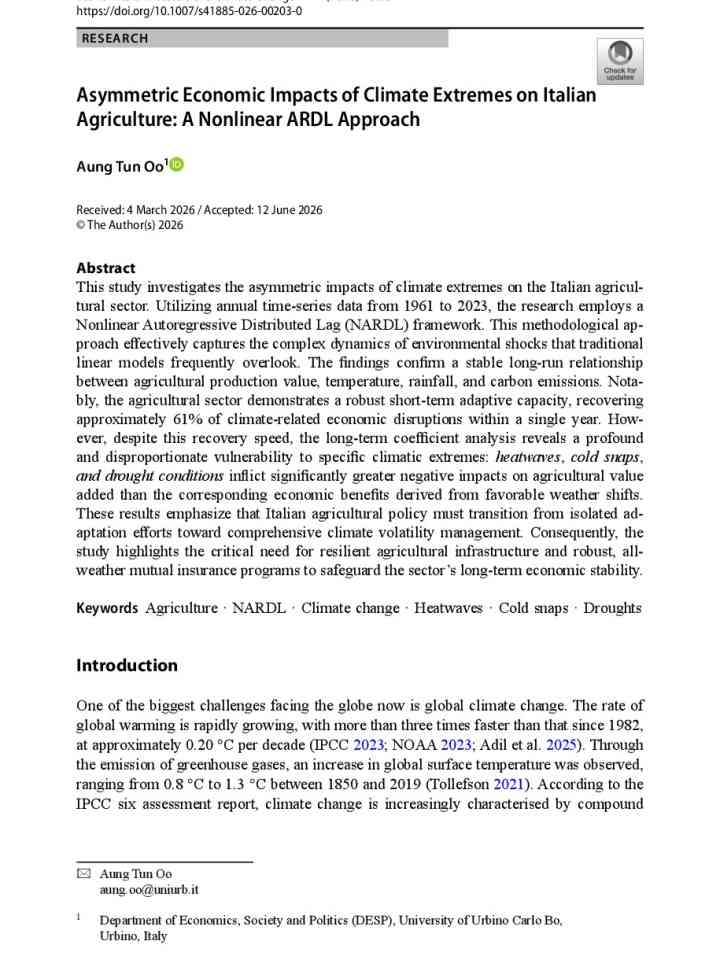 Asymmetric economic impacts of climate extremes on Italian agriculture a nonlinear ARDL approach thumbnail