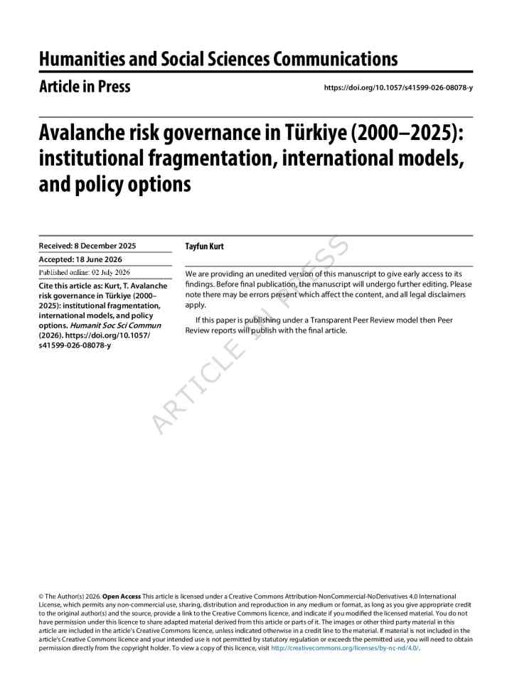 Avalanche risk governance in Türkiye (2000–2025): institutional fragmentation, international models, and policy options thumbnail