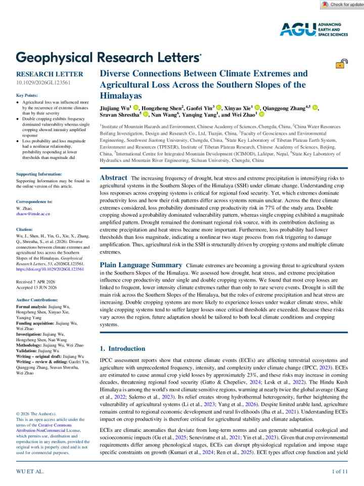 Diverse connections between climate extremes and agricultural loss across the Southern Slopes of the Himalayas thumbnail