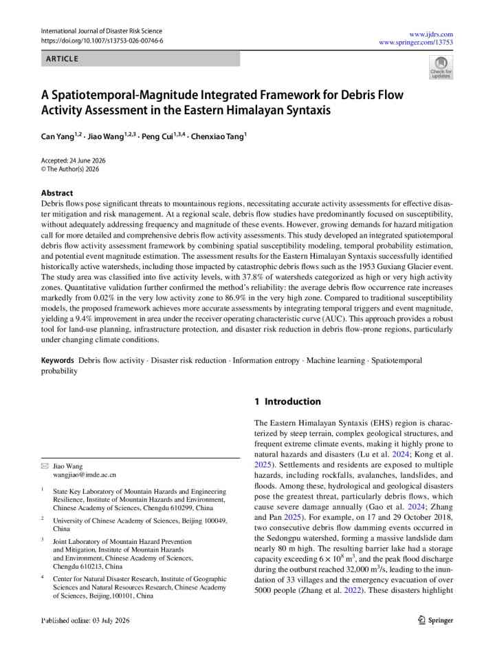 A spatiotemporal-magnitude integrated framework for debris flow activity assessment in the Eastern Himalayan syntaxis thumbnail
