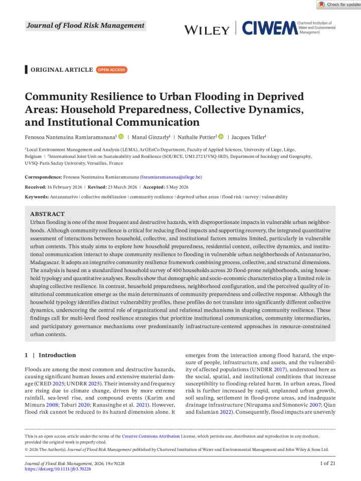 Community Resilience to Urban Flooding in DeprivedAreas: Household Preparedness, Collective Dynamics,and Institutional Communication thumbnail