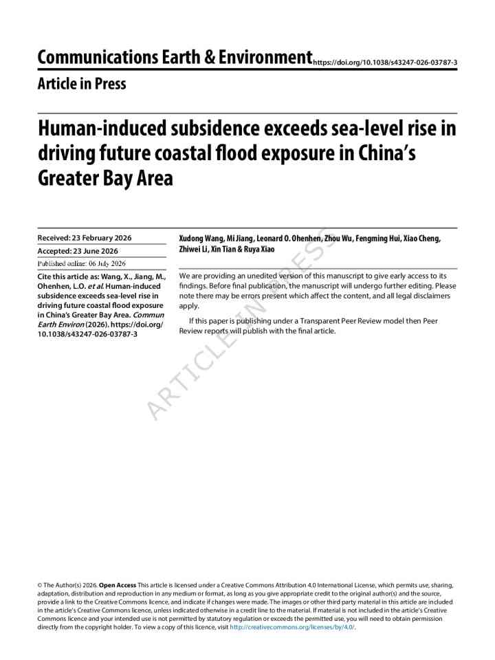 Human-induced subsidence exceeds sea-level rise in driving future coastal flood exposure in China’s Greater Bay Area thumbnail