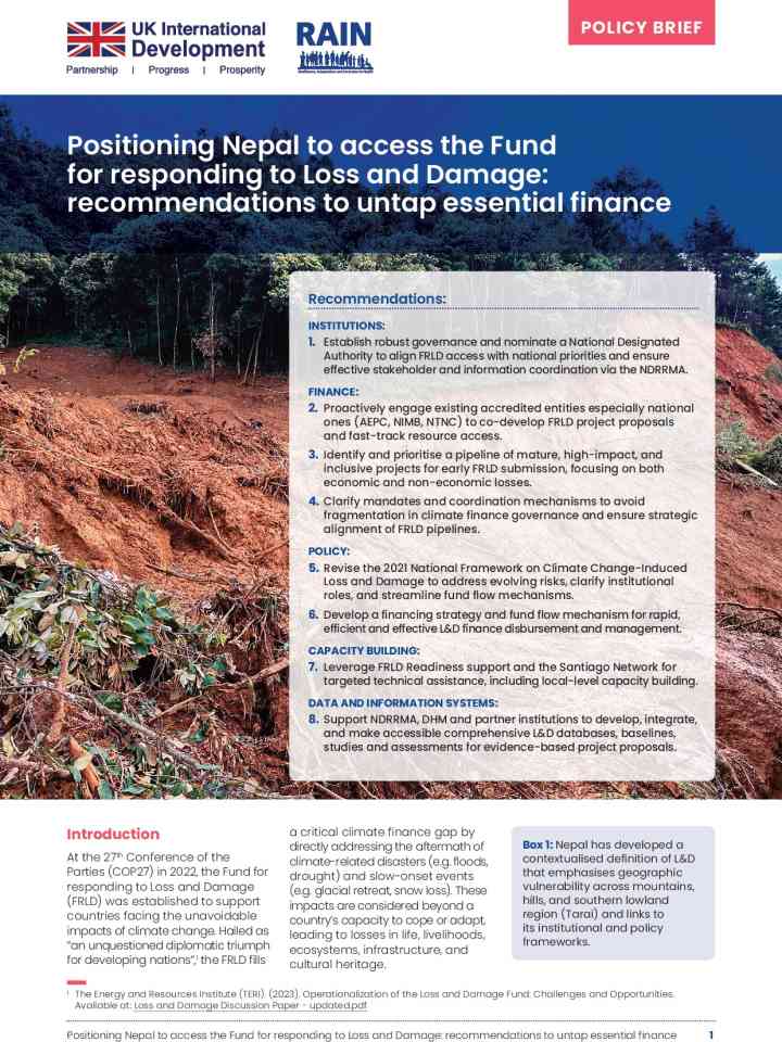 Positioning Nepal to access the Fund for responding to Loss and Damage: recommendations to untap essential finance 