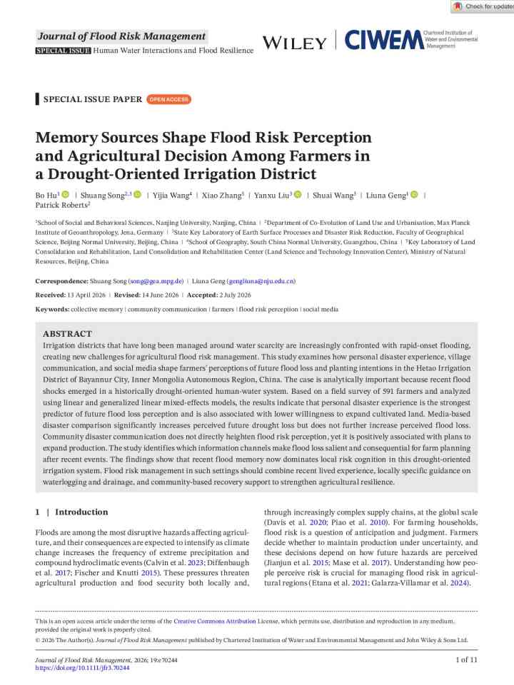 Memory sources shape flood risk perception and agricultural decision among farmers in a drought-oriented irrigation district thumbnail
