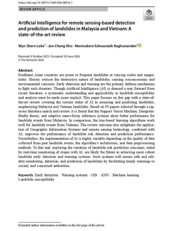 Artificial intelligence for remote sensing-based detection and prediction of landslides in Malaysia and Vietnam: A state-of-the-art review thumbnail
