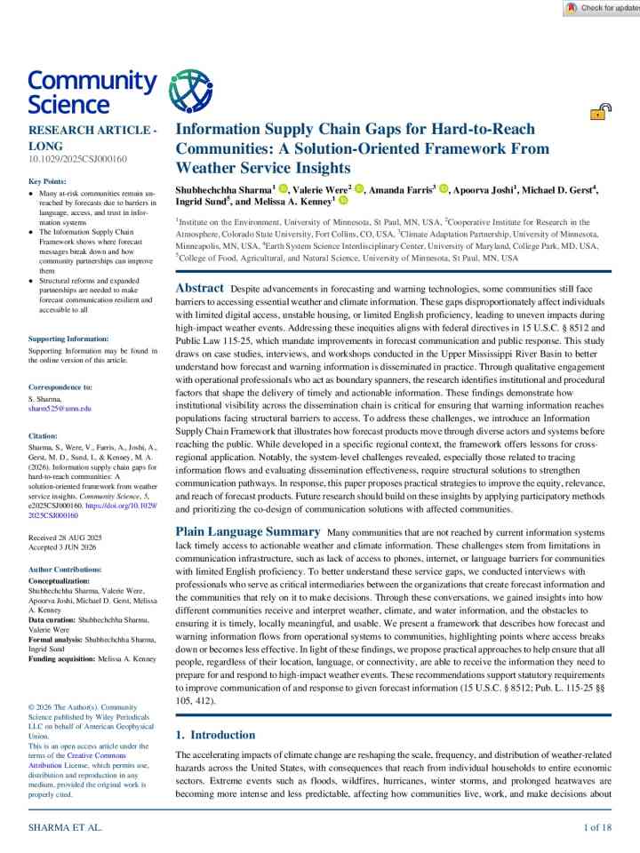 Information Supply Chain Gaps for Hard‐to‐Reach Communities: A Solution‐Oriented Framework From Weather Service Insights thumbnail