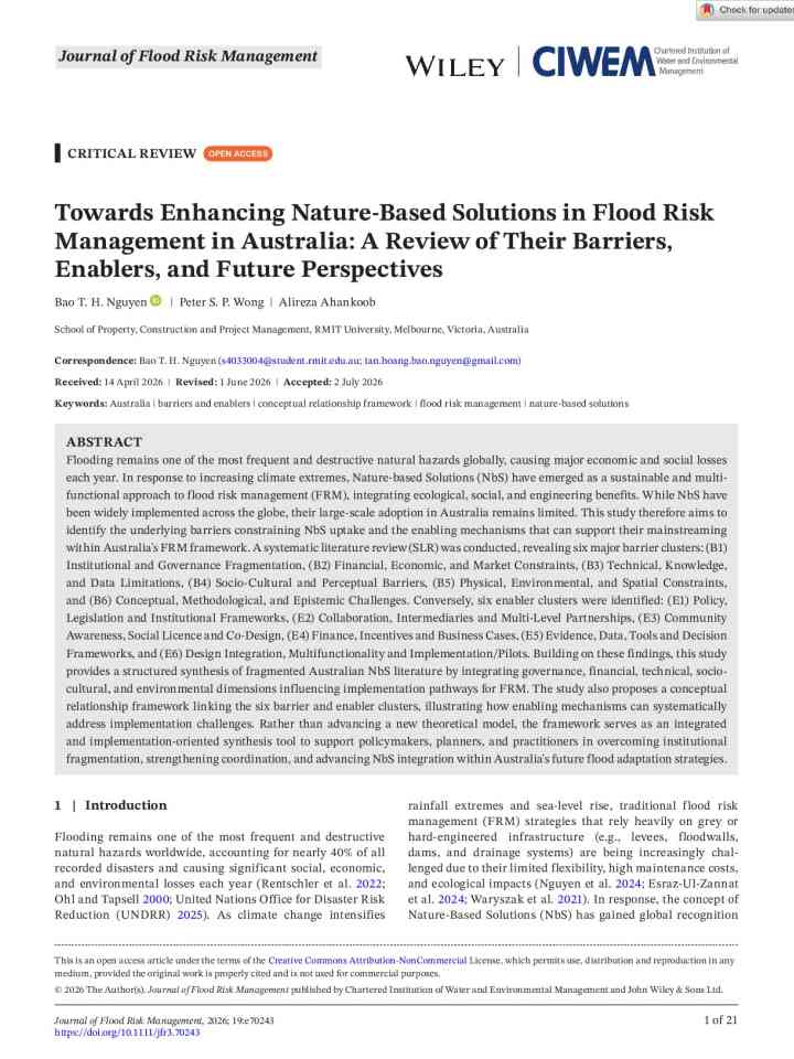 rds enhancing nature-based solutions in flood risk management in Australia: A review of their barriers, enablers, and future perspectives thumbnail