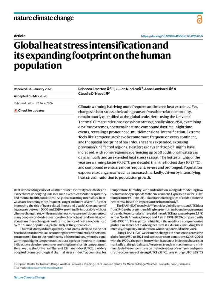 Global heat stress intensification and its expanding footprint on the human population thumbnail