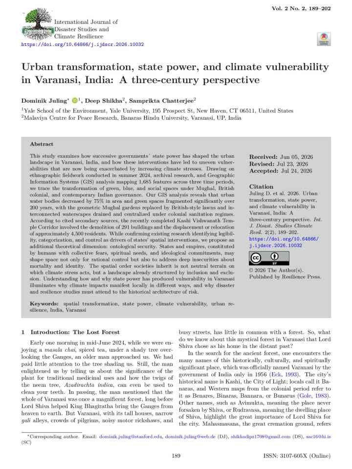 Urban transformation, state power, and climate vulnerability in Varanasi, India: A three-century perspective thumbnail