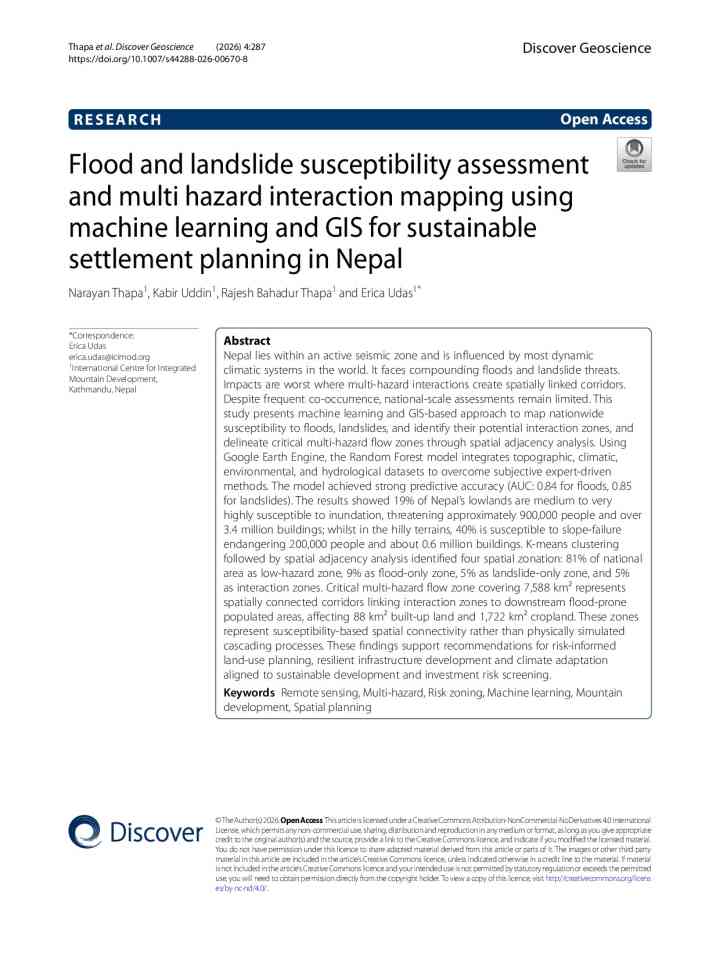 Flood and landslide susceptibility assessment and multi hazard interaction mapping using machine learning and GIS for sustainable settlement planning in Nepal thumbnail