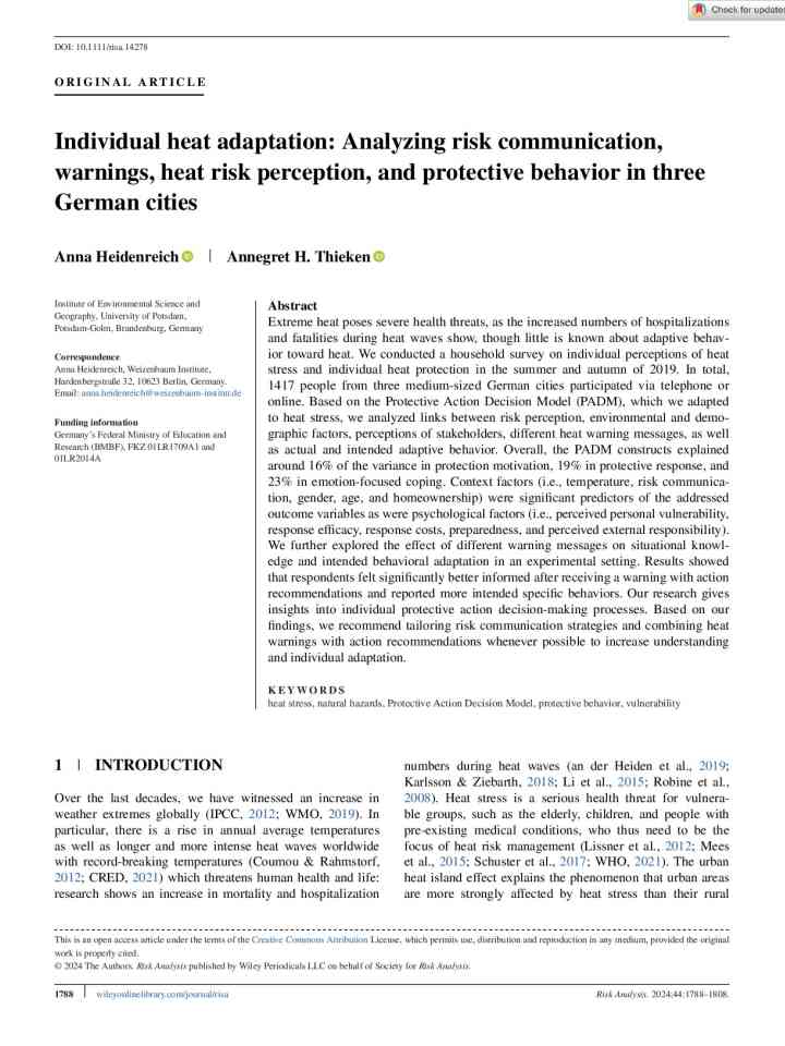 Individual heat adaptation: Analyzing risk communication, warnings, heat risk perception, and protective behavior in three German cities thumbnail