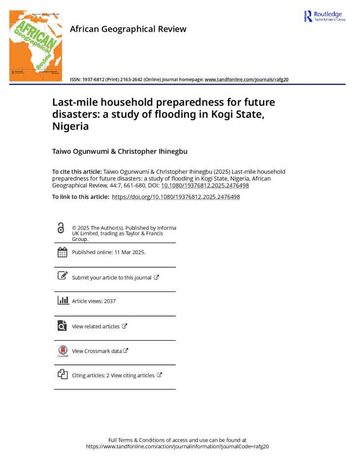 Last-mile household preparedness for future disasters: a study of flooding in Kogi State, Nigeria thumbnail