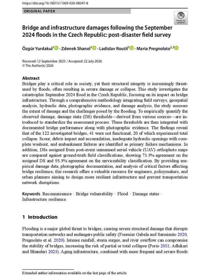 Bridge and infrastructure damages following the September 2024 floods in the Czech Republic: post-disaster field survey thumbnail