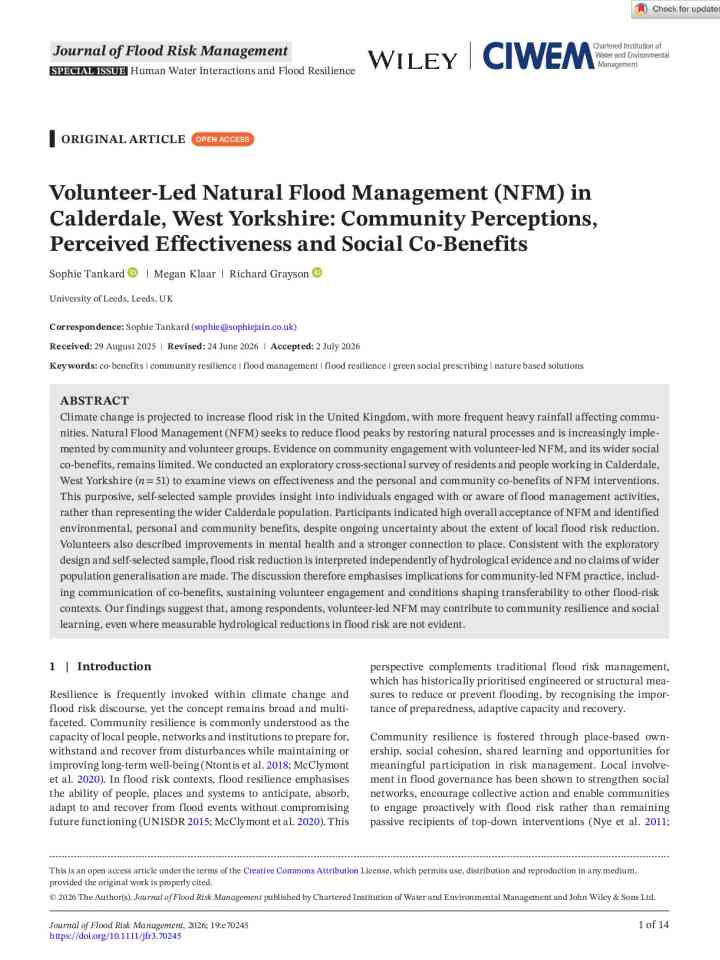 Volunteer-led Natural Flood Management (NFM) in Calderdale, West Yorkshire: Community perceptions, perceived effectiveness and social co-benefits thumbnail