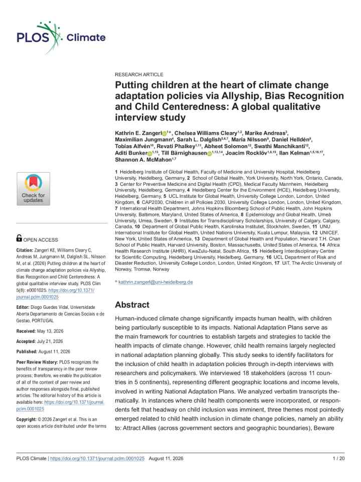 Putting children at the heart of climate change adaptation policies via Allyship, Bias Recognition and Child Centeredness: A global qualitative interview study thumbnail