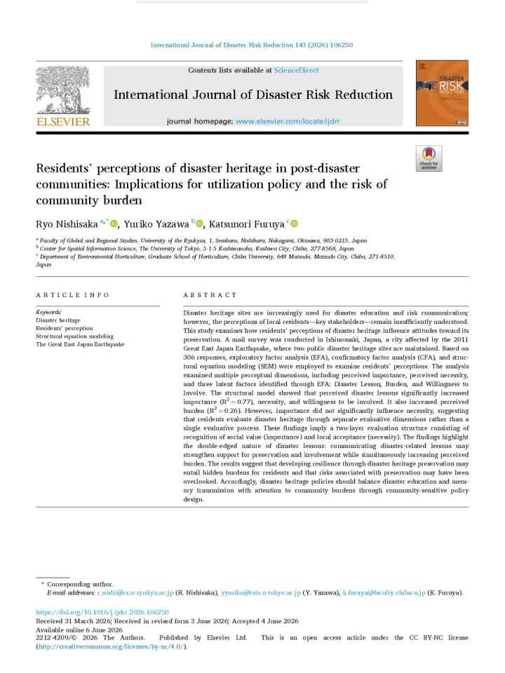 Residents’ perceptions of disaster heritage in post-disaster communities: Implications for utilization policy and the risk of community burden thumbnail
