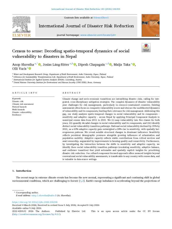 Census to sense: Decoding spatio-temporal dynamics of social vulnerability to disasters in Nepal thumbnail